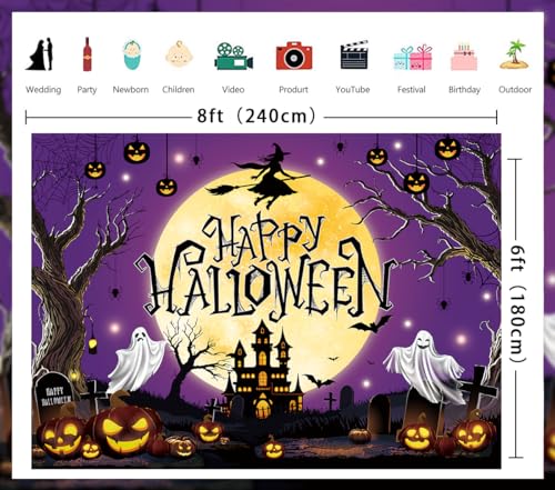 Halloween Backdrop Purple Moon Night Witch Castle Pumpkin Graveyard 8x6FT - Kids & Adults Party Decoration