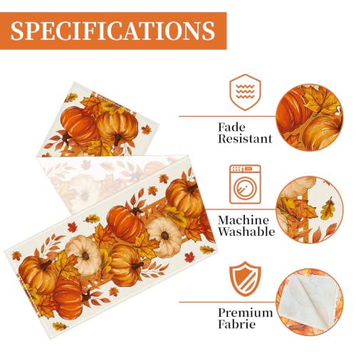 Fall Pumpkin & Maple Leaf Table Runner 13x60 Inches - Autumn Decor - Yellow Fall Variation