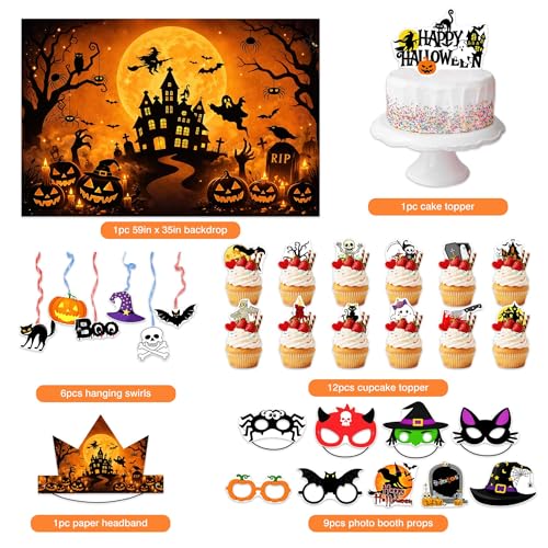 Halloween Party Decorations Set with Backdrop, Headbands, Masks, Cupcake Toppers & Photo Booth Props