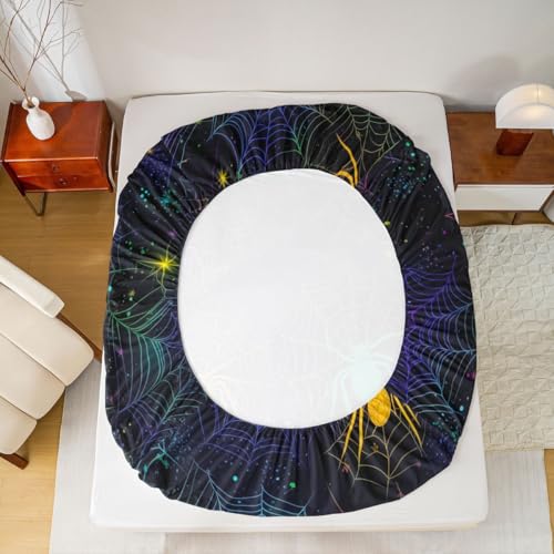 Halloween Spider Sheet Set Queen Rainbow Iridescent Bed Sheets with Glitter Stars & Web - Multi 19