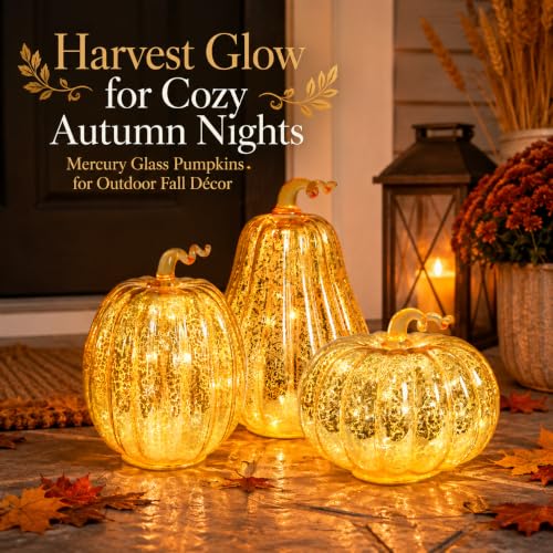 Lighted Mercury Glass Pumpkins Set - Gold Halloween Fall Decor 3pcs