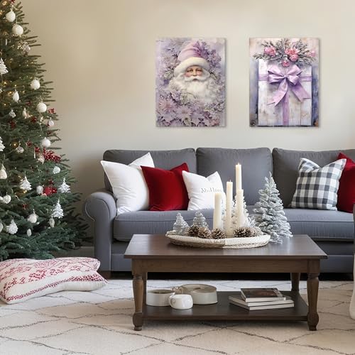 Purple Christmas Wall Art Set of 2 - Framed Seasonal Holiday Decor, 11x14 Inches, Santa Present Box, Winter Xmas Home Bedroom Wall Prints - YH Variation