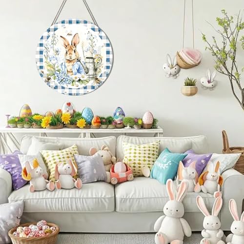 Easter Wreath Funny Rabbit Porch Wreaths - Blue White Grid Design 12 Inch - Easter Style 36