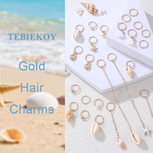 Gold Seashell Conch Starfish Hair Charm Ring Set for Braiding & Dreadlocks - Long Variation