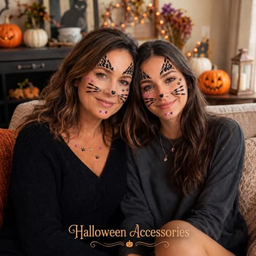 Cat Face Gems Stickers for Halloween Makeup and Costumes - 2 Sheets