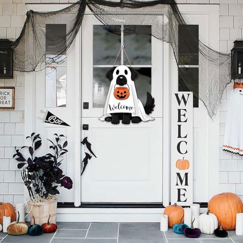 Halloween Ghost Dog Wreath Door Sign - Welcome Halloween Decoration