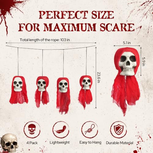 Large 4 Piece Hanging Skull Heads Halloween Decorations on String - Creepy Outdoor Graveyard Decor