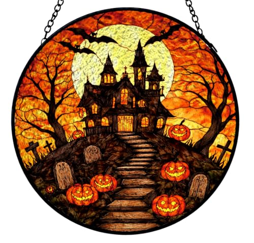 Haunted House Pumpkin Halloween Stained Glass Suncatcher - Color10