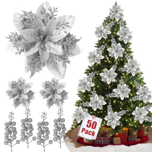 Christmas Glitter Poinsettia Ornaments Set - Silver, 50pcs with Clips & Stems