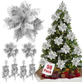 Christmas Glitter Poinsettia Ornaments Set - Silver, 50pcs with Clips & Stems