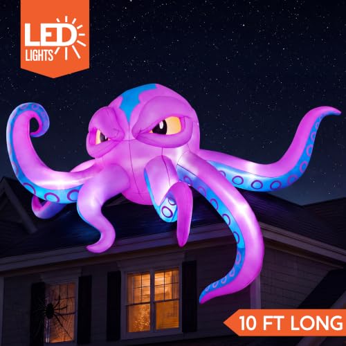 10FT Long Halloween Inflatable Rooftop Octopus with LED Lights - Spooky Outdoor Decor - Blue Tentacled Variation