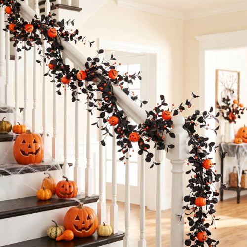 Lighted Halloween Garland for Mantle Fireplace Decorations - 5.2 ft Pumpkin and Black Eucalyptus Decor