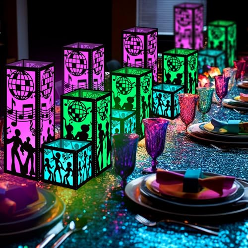 Disco Lantern Centerpieces Set - 12 LED Colored Candles & Paper Lights, Black Pink Green Variations