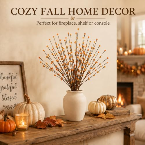 Fall Berry Stems Faux Autumn Flowers with Orange Yellow Berries - Rustic Fall Decor