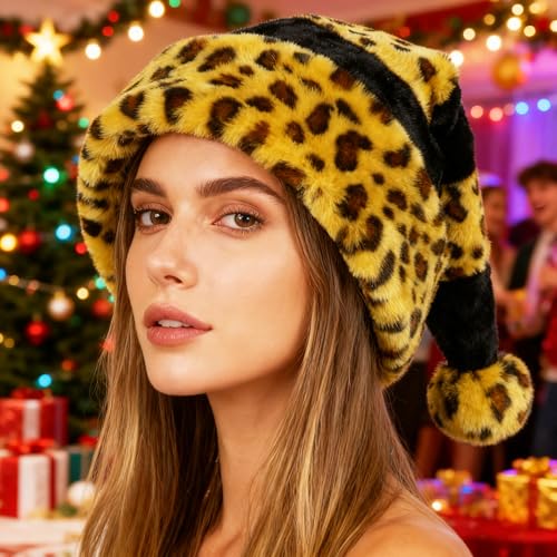 Leopard Santa Hat Unisex Christmas Party Hat with Fluffy Pompom - Holiday Costume Accessory