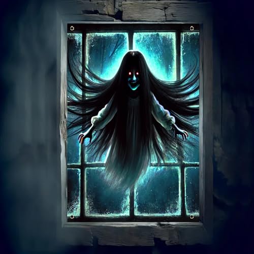 Halloween Floating Ghost Window Cover - 31x47 Inch Polyester, Ghost Girl Variation