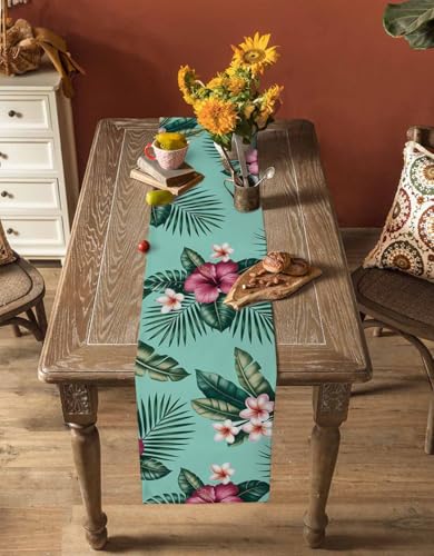 Hibiscus Tropical Table Runner - Linen Burlap - 13 x 90 Inch - Hibisci Variation