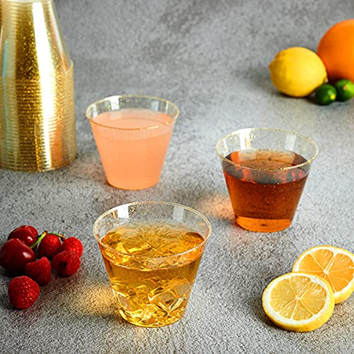Gold Glitter Plastic Cups - 100 Pack, 9 oz Disposable Party Cups