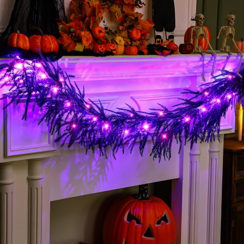 Halloween Black Leave Garland with Lights 6ft Indoor Outdoor Decor