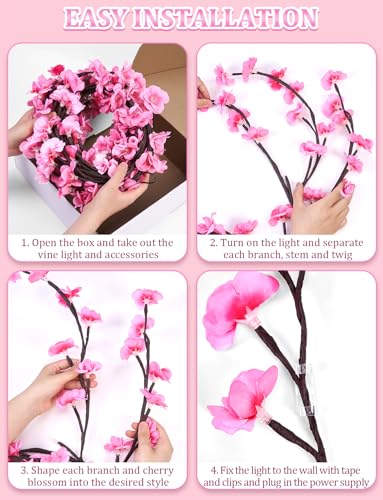96 LED Pink Cherry Blossom Wall Lights - Romantic Bedroom Decor with Remote & 8 Modes