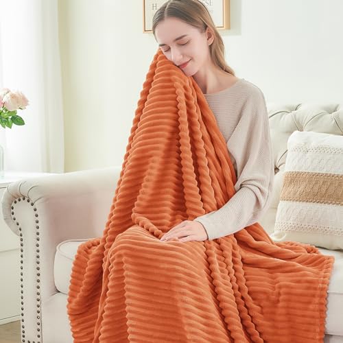 Fall Orange 3D Ribbed Fleece Throw Blanket 50x60 Inch for Couch