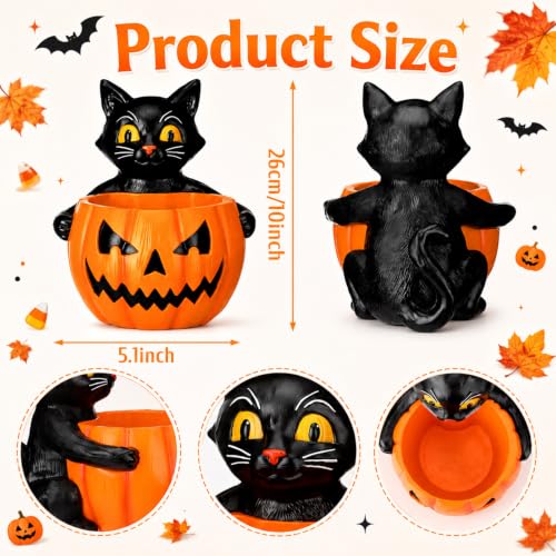 Halloween Black Cat Candy Bowl with Pumpkin Resin Decor - 5.5 Inch