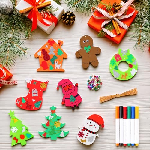 Christmas Crafts Kit with Foam Ornaments and Decorations - Xmas Tree Snowman Gingerbread Man Variation