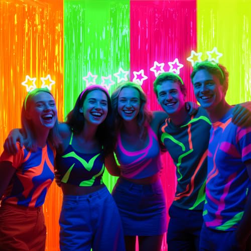 Glow in The Dark Neon Party Supplies - 4-Pack Fluorescent Curtain Set - Orange, Green, Yellow, Pink
