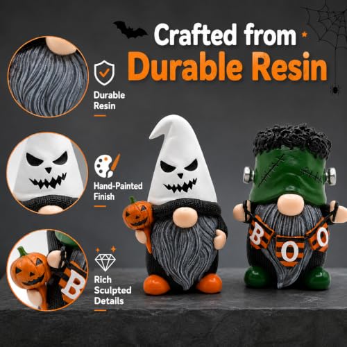 Halloween Gnome Decorations Set - Resin Ghost & Frankenstein Figures, 4-Inch Miniature