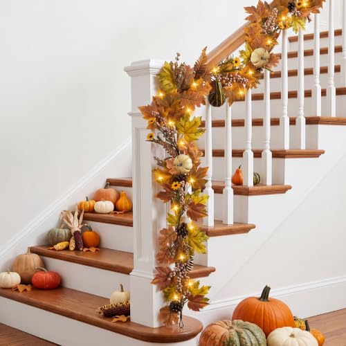 Fall Maple Leaf Pumpkin Berry Garland - 6 Ft with Lights, Style-2