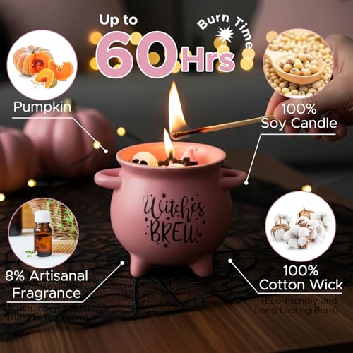 Pink Halloween Cauldron Candle with Spooky Decorations & Pumpkin Scent - 14oz Gift for Women & Teens