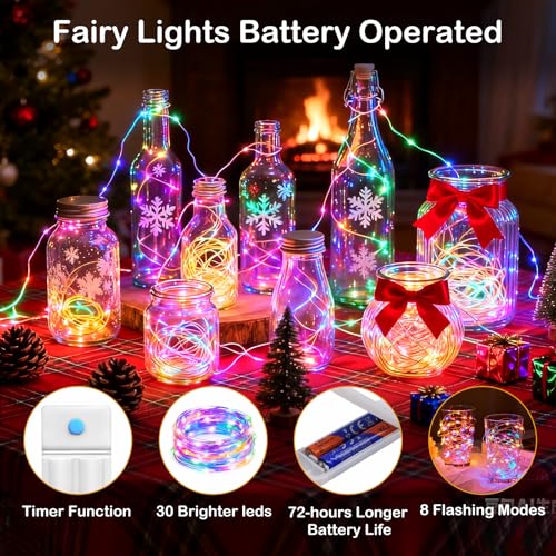 Multicolor Mason Jar String Lights - 10 Pack, 30 LEDs, Waterproof, 8 Modes with Timer