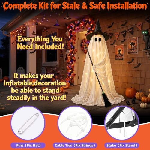 Outdoor Light Up Ghost with Witch Hat & Broom - 53 Inch Halloween Decor - White