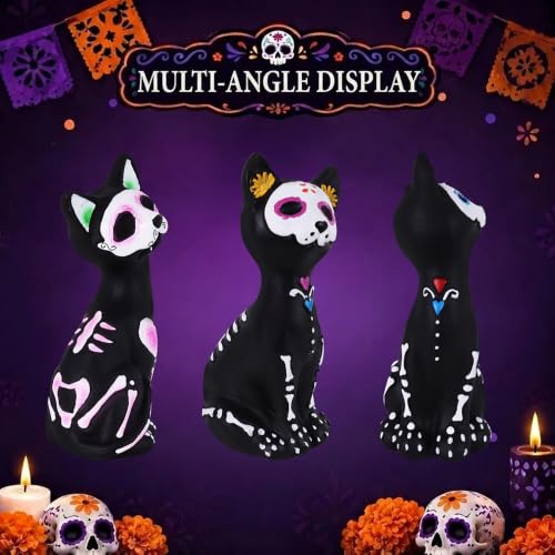 Day of the Dead Skeleton Cat Figurines Set - Halloween Decor, Resin Gothic Statues