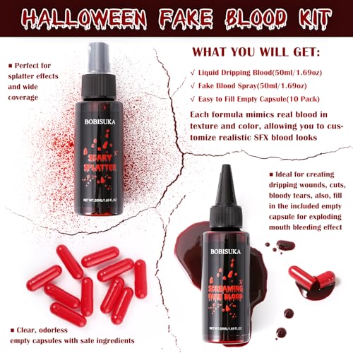 Halloween Fake Blood Kit with Spray, Dripping Blood & Empty Capsules - Realistic Makeup Effects