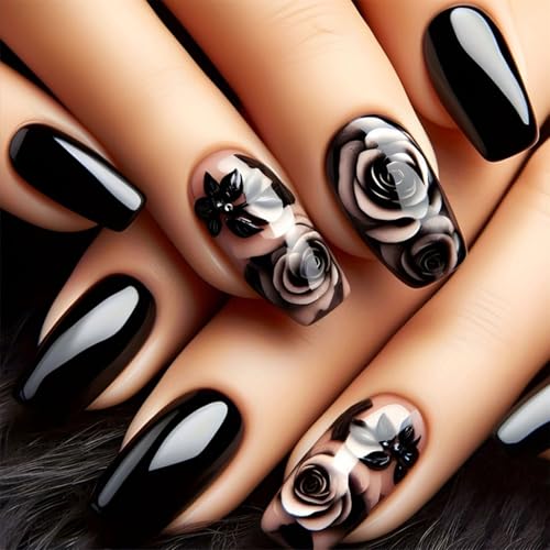 Press On Nails Short Coffin Fake Nails with Flower Design - Variation 19, 24 Pcs