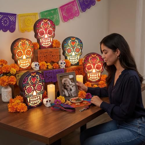 Day of The Dead Skeleton Table Decor - Lighted Sugar Skull Set of 5 - Halloween & Party Accent