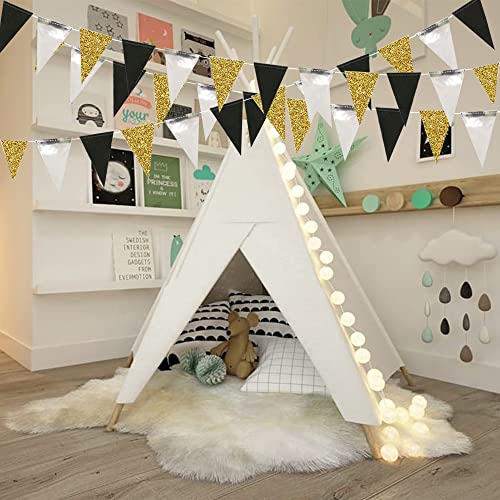 Black Gold Silver Party Banner Set - Glitter Triangle Garland for Celebrations