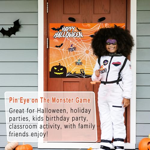 Halloween Spider Pin The Web Game Set for Kids - 30 Reusable Stickers & Web Poster