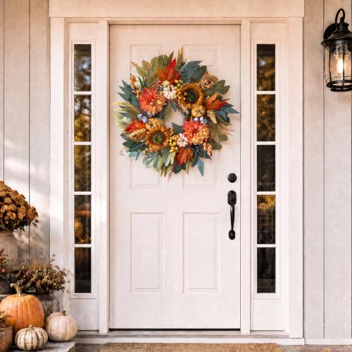 Orange Fall Wreath for Front Door 24 Inch Autumn Door Decor Handmade Seasonal