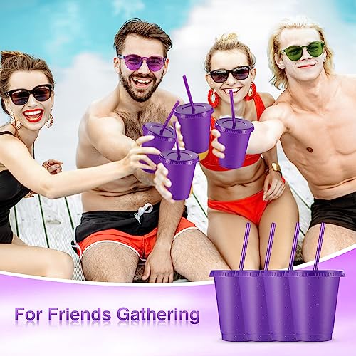 Reusable Plastic Cups with Lids and Straws - 16 oz Purple Glitter Set of 30