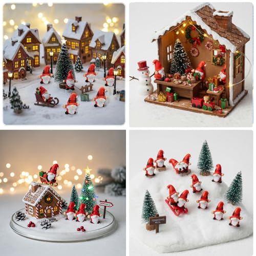 Mini Christmas Gnome Figurines with Deer - 60 Pcs Holiday Village Decorations