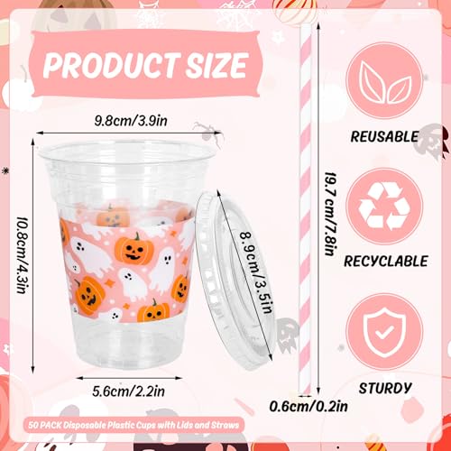 Pink Halloween Disposable Plastic Cups with Lids and Straws - 50 Pack, 12 oz