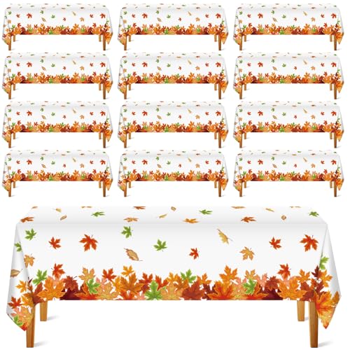 12 Pack Fall Maple Leaf Disposable Plastic Tablecloth for Thanksgiving & Autumn Parties