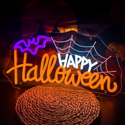 Happy Halloween Neon Sign - USB Powered Dimmable Spider Web Light for Wall Decor - Variation of SD-Happy Halloween