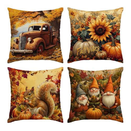 Set of 4 Fall Pumpkin and Sunflower Pillow Covers 22x22 Inches - Autumn Thanksgiving Decor