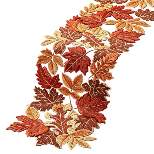 Brown Fall Maple Leaf Embroidered Table Runner 13x69 Inches for Autumn Decor