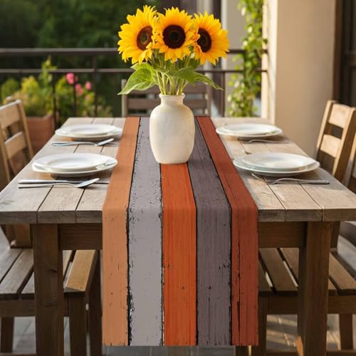 Farmhouse Cotton Linen Table Runner - 13x90 Inch Rustic Orange & Gray Decor