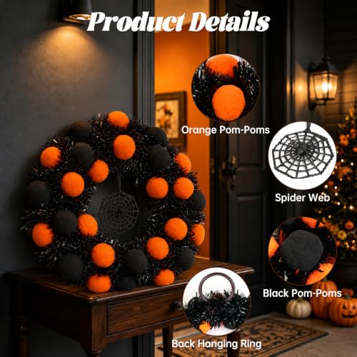 18-Inch Halloween Wreath for Front Door - Black & Orange, Foldable Halloween Decor