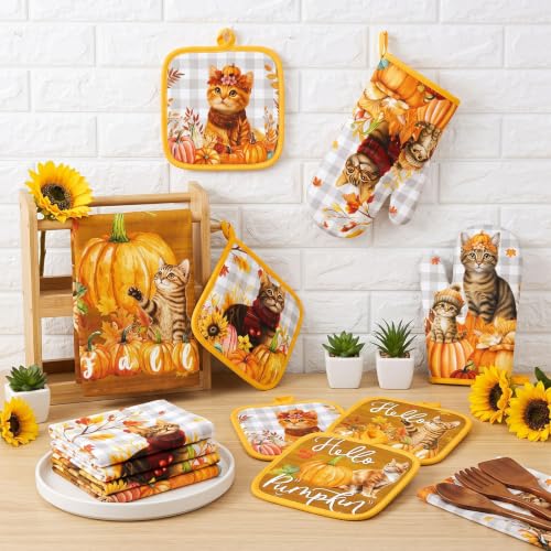 Fall Pumpkin Cat Oven Mitts & Kitchen Towel Set - Variation of Pumpkin Cat